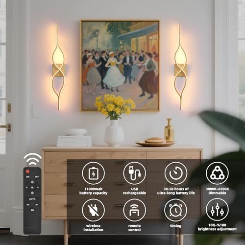 Image of Battery Operated Wall Sconces Set of 2, Gold 31.4'' LED Dimmable Wall Sconce with Remote Control, Adjustable Color Temperature Brightness for Living Room Bedroom and Hallway USB Rechargeable Lighting