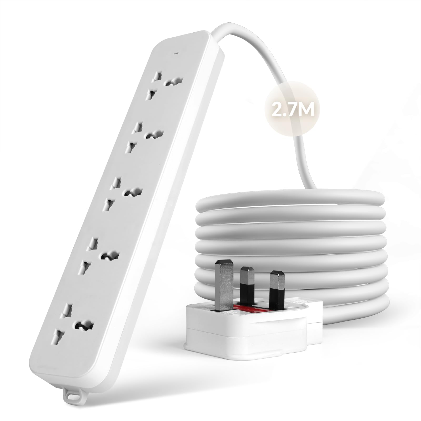 Baytion Universal Extension lead, 2.7 Meters Power Strip Extension Cord with 5 Universal Sockets|13A UK Plugs 3Pin Sockets|Safety Door Design|Wall Mount Extension Cord for Home, Office, Kitchen