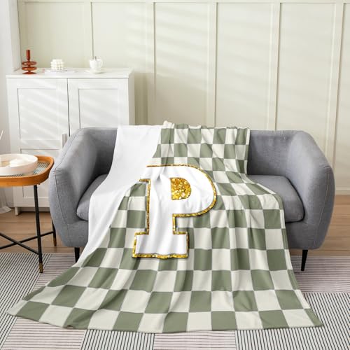 Image of Erosebridal Sage Green Checkered Fuzzy Plush Throw Plaid Initial P Fleece Blanket Personalized Monogram Flannel Blanket for Kids Boys Girls,Fashion Grids Gingham Decor for Bed Couch 40 inchx50 inch