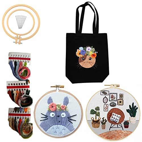 3 Sets Cat Embroidery Kit for Beginners with Embroidery Patterns, Embroidery Hoop, Hand Embroidery Kits for Adults, Black Embroidery Canvas Tote Bag(Black)