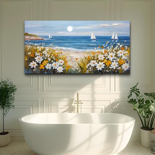 KELIYUAN Wall Art For Dining Room Kitchen Blue Ocean Beach Art Pictures Living Room Decor Vintage Landscape Painting Modern Canvas Print Suitable For Bedroom Office Farmhouse Wall Decor 24x48 In
