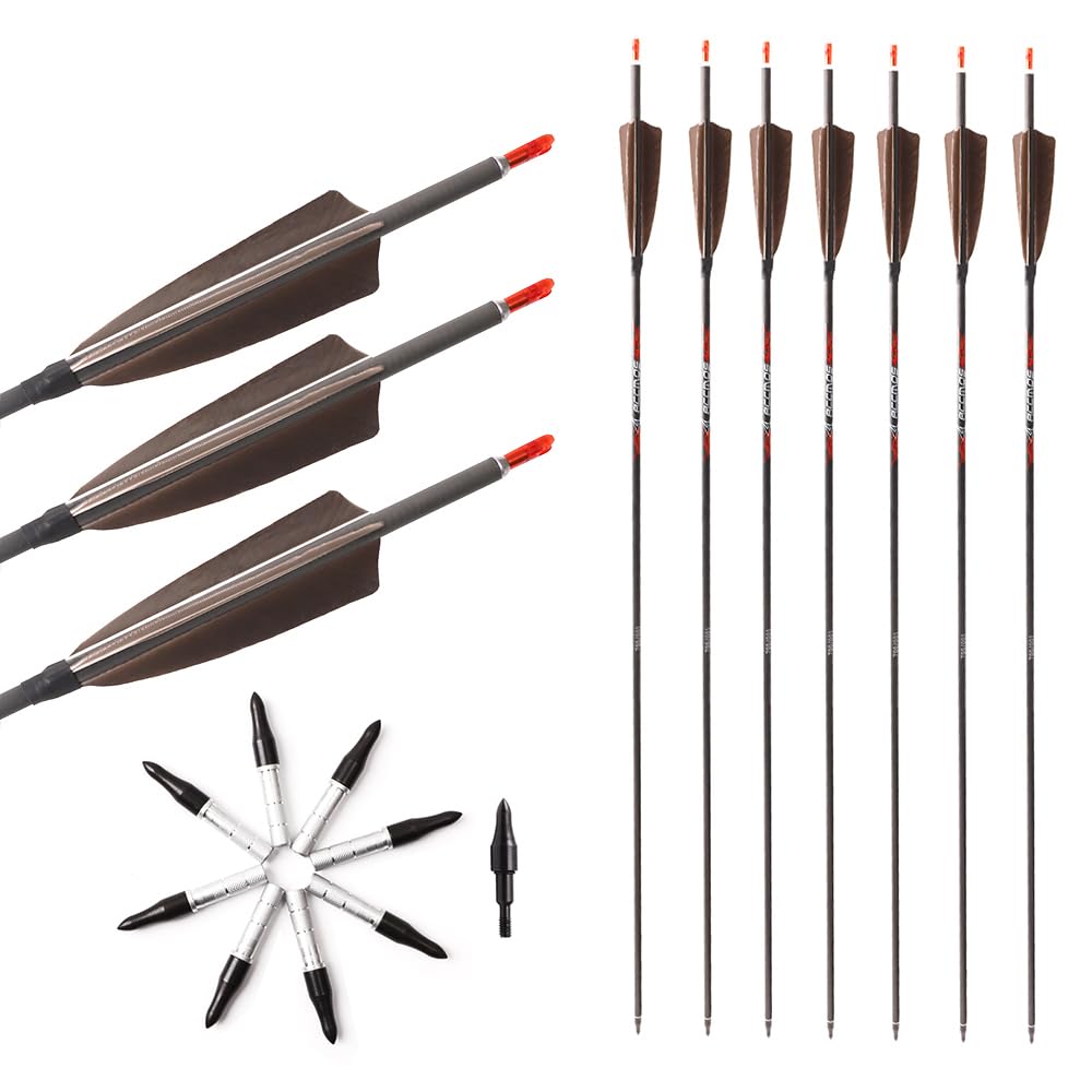 12 Piezas Plumas Marrones Flechas Spine 200 250 300 350 400 500 600 700 800 ID 6,2 mm Flecha de Caza, Pluma de Pavo de 4 Pulgadas, para Tiro con Arco