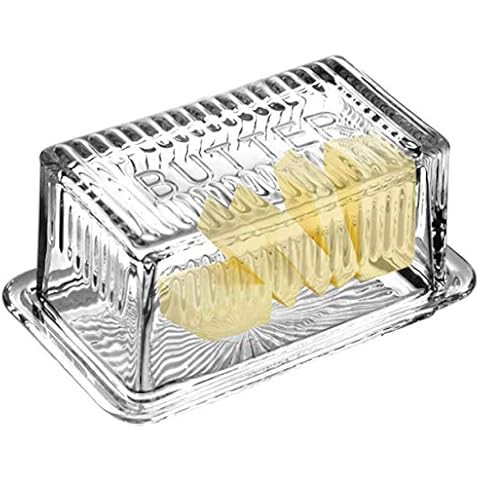Bezrat Glass Butter Dish with Lid - Butter keeper - Easy to Use and 100% Food Safe - Dishwasher Safe - Beautiful Decorative Design and Antique Look with the word"BUTTER" engraved on top Cover