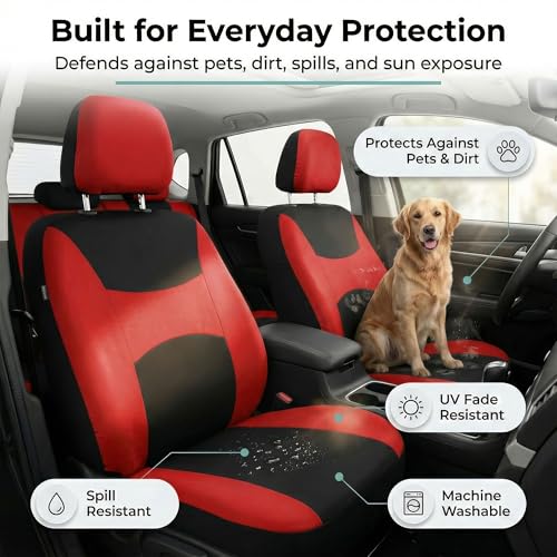 Image of FH Group Universal Car Seat Covers Front Set for SUV Truck Sedan Vans | Waterproof All-Purpose Cloth Seat Cover Set Airbag Compatible Washable Split Bench Protector Interior Upgrade - Red
