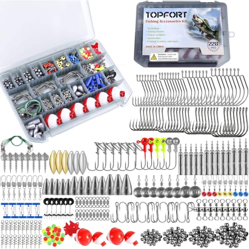 TOPFORT 187/343pcs Fishing Accessories Kit, Organized Fishing Tackle Box with Tackle Included, Hooks, Weights Sinkers, Fishing Gear and Equipment, Gift for Men