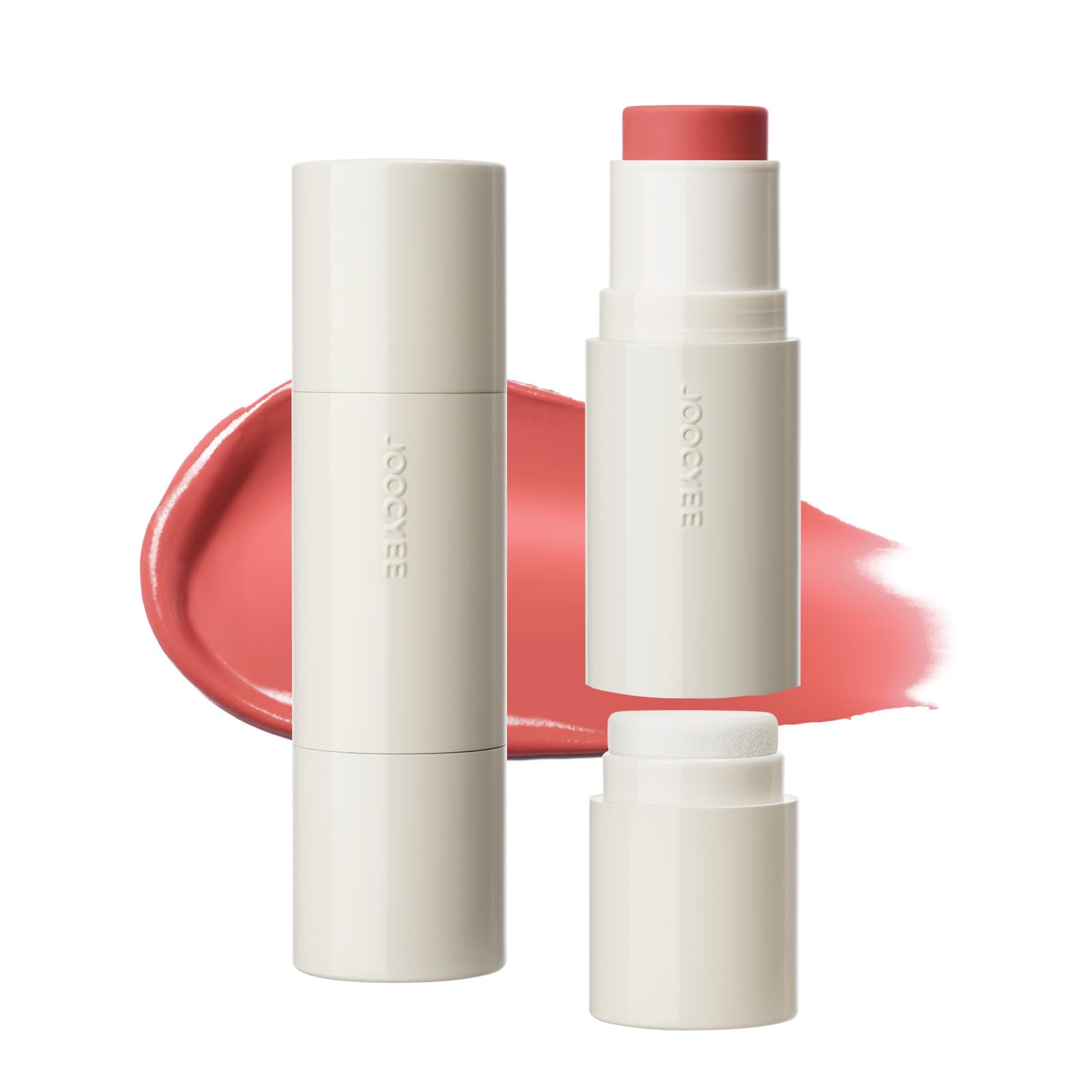 JOOCYEE Glazed Cream Blush Stick with Built-in Cushion Brush, Multi Use Stick for Cheeks Lips Eyes Hydrating Dewy Non-Greasy Long Lasting Makeup - Half-Summer Apricot G403 HALF-SUMMER APRICOT