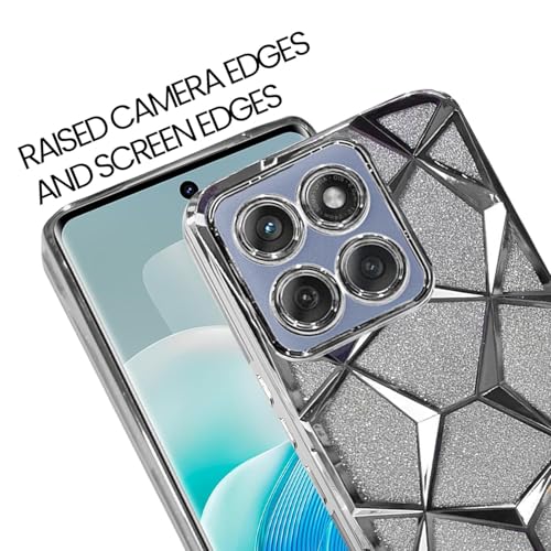 Image of VONZEE Gradient Glitter Case for Moto Edge 60 Fusion, Luxury Electroplated 3D Cube, Diamond Bling Shiny Soft TPU Clear Shockproof Women Girls Protective Phone Cover (Silver)