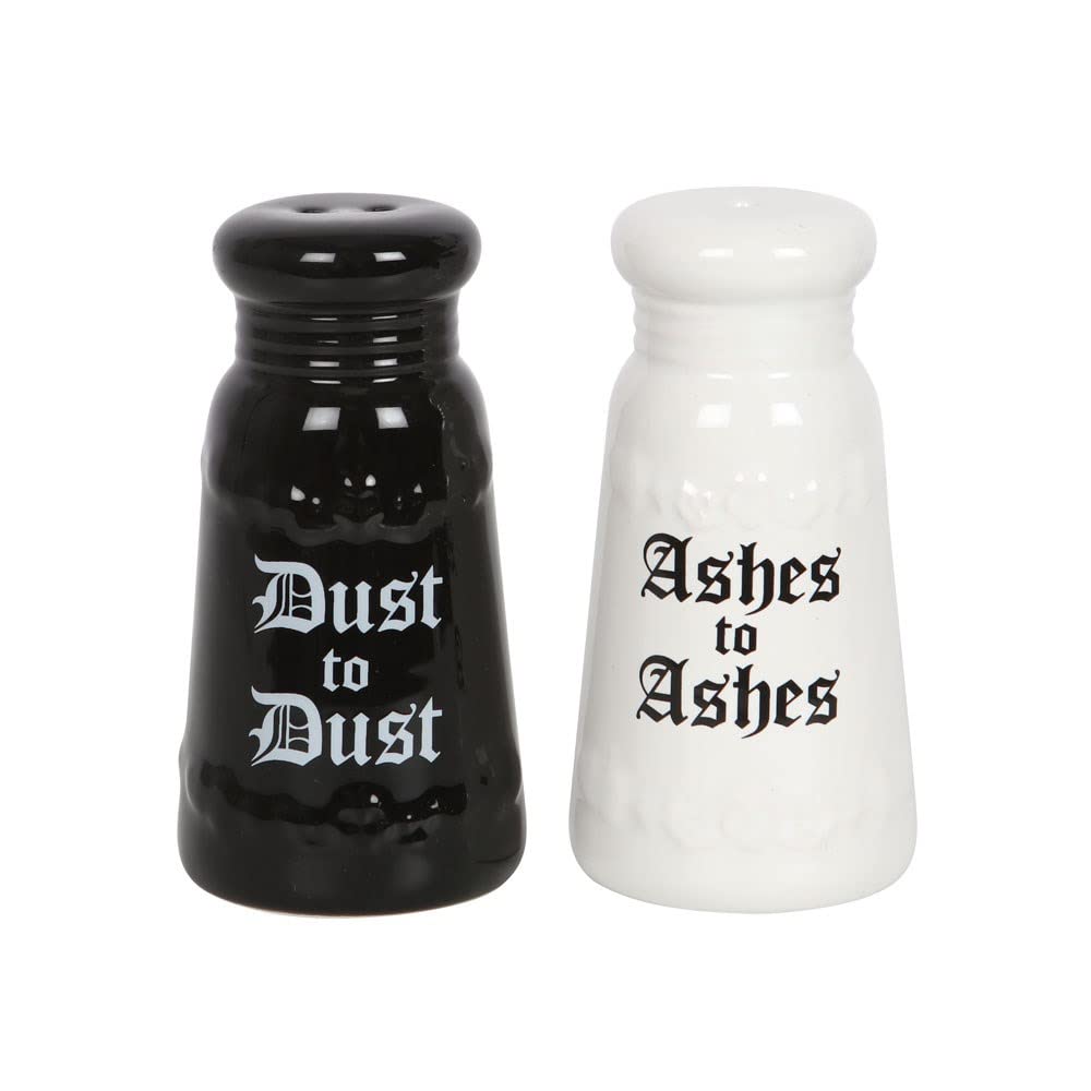 Something DifferentEye-catching Black & White Salt and Pepper Set - 10cm x 5cm (1 Set) - Gothic Cruet Set with White Ceramic Cruet (Ashes to Ashes) and Black Cruet (Dust to Dust), Perfect for Salt and Pepper Storage