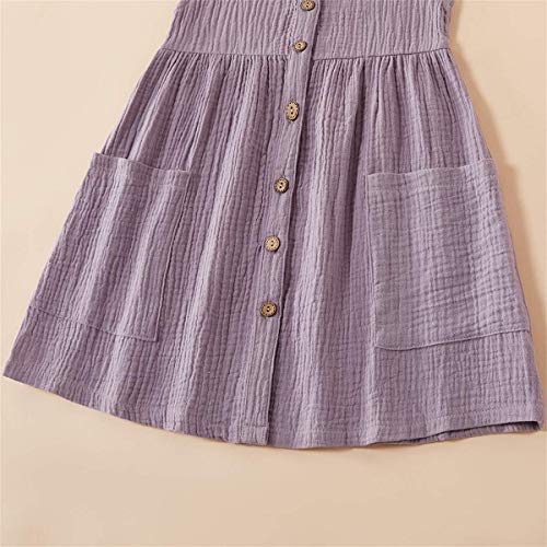 Patpat Girls Pleated Dresses Crew Neck Loose Linen Cotton Dress With 2 Pockets, Purple, 5-6 Years #TOP5