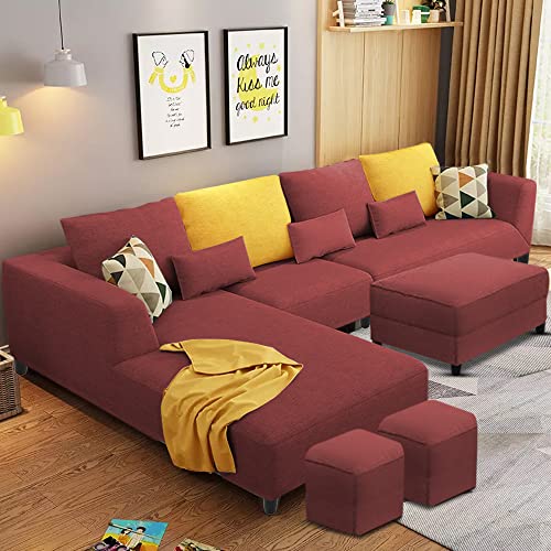 Image of Casaliving Minta 8 Seater L Shape Sofa Set with Ottoman & 2 Puffy for Living Room (8 Seater LHS, Maroon)