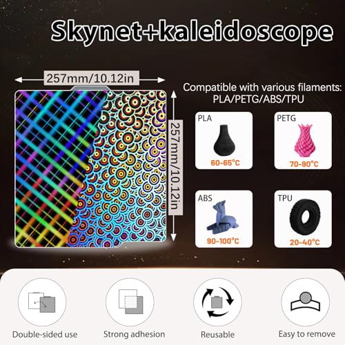 Image of New Upgraded Build Plate for Bambu Lab X2D /A1 /X1C /X1 /X1E /P1P /P1S /P2S Build Plate 3D Printer, Smooth Kaleidoscope+Smooth Skynet Spring Steel Plate Flexible Plate 257x257mm for Bambu 3D Printers