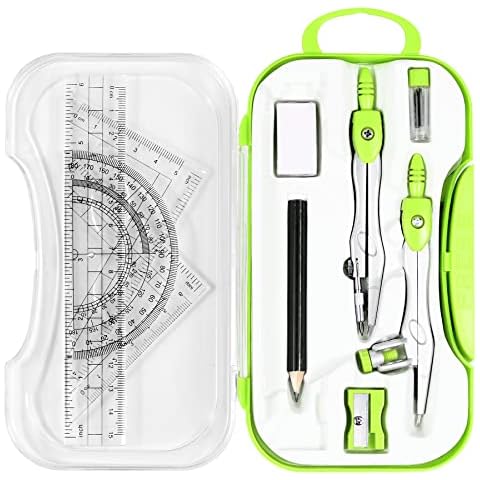 Unjoo Math Geometry Kit Sets 10 Piece Student Supplies with Shatterproof Storage Box,Includes Rulers,Protractor,Compass,Eraser,Pencil Sharpener,Lead Refills,Pencil,for Drafting and Drawings（Green） Cover