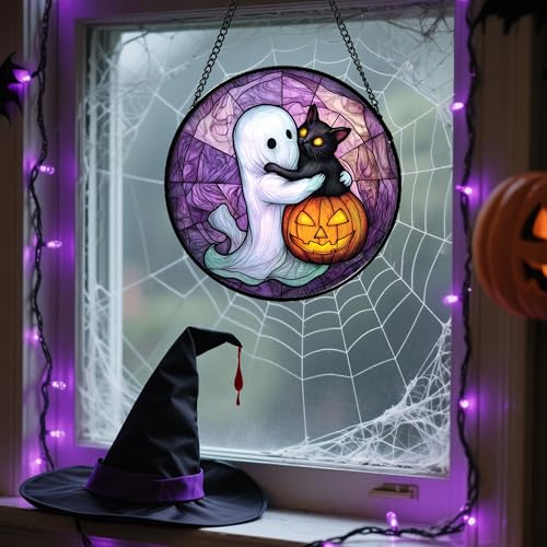 Image of Stained Glass Window Hanging - Halloween Decorations Ghost Black Cat Pumpkin Suncatcher for Door Garden Spooky Purple Sun Catchers Gothic Decor Horror Gifts for Women Men Friend Boy 6.3 in