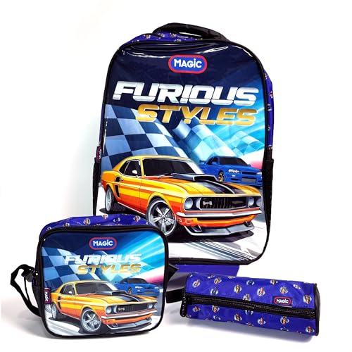 Kit Mochila Infantil Escolar de Rodinha - Furiosos, Azul e Lancheira Térmica e Estojo
