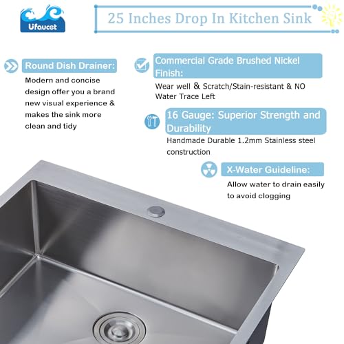 Image of 25 Inch Drop In Kitchen Sink, 25x22 Inch Topmount Stainless Steel Single Bowl Bar RV Laundry Utility Outdoor Wet Prep Small Sink with Drain