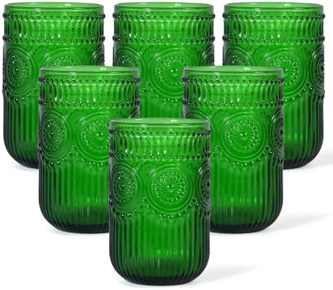 Christmas Green Vintage Wine Drinking Glasses Set of 6, 14 oz hobnail drinking glasses Glassware Embossed Green Water Tumbler for Beer, Juice, Cocktail, Whiskey, Milk