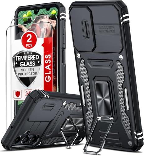 LeYi Funda para Samsung Galaxy A05S/a05 s/A 05S, con [2 Unidades] Cristal Vidrio Templado,Carcasa Cubierta de cámara Deslizante Proteger 360 Full Protección Anillo Soporte Bumper Case,Negro