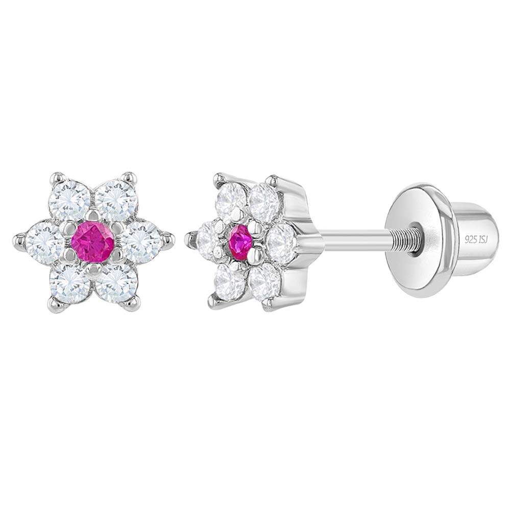 In Season Jewelry925 Sterling Silver 5mm CZ Clear with Fuschia Flower Screw Back Toddler Earrings Hot pink Adorable Flower Earrings for Baby & Young Girl with Safety Lock Best Gift for Birthdays