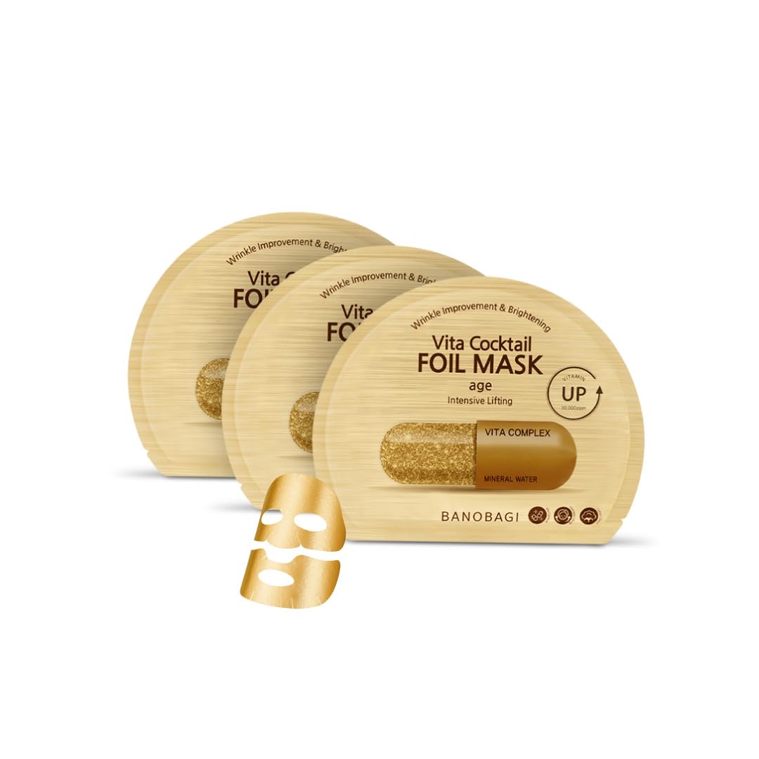 Vita Cocktail Foil Mask Age Pack of 3 - Dual Function Face Mask Skincare Korean Sheet Mask-, Brightening & Anti-Wrinkle, Boosts Elasticity & Firmness