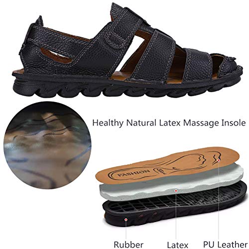JIONS Closed Toe Leather Fisherman Sandals for Men Men's Casual Outdoor Adjustable Strap Summer Shoes (40/7.5 D(M) US, B/Black)