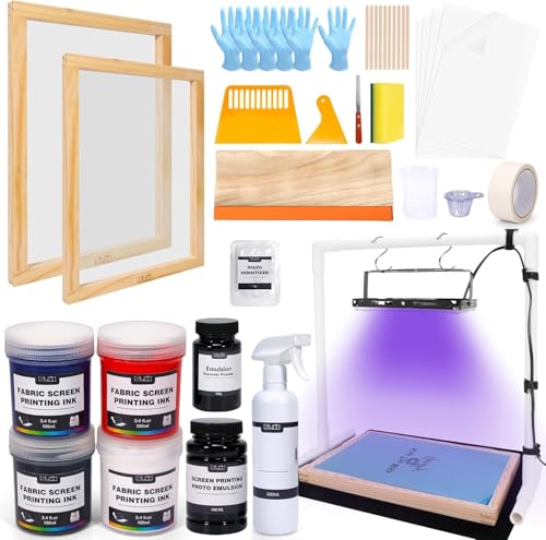 Caydo 51PCS All-in-One Screen Printing Kit with 50W LED UV Light, 4 Color Screen Printing Ink, Screen Printing Photo Emulsion, Screen Printing Frames