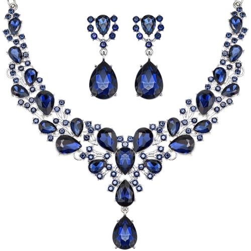 Hicarer Bridal Teardrop Cluster Crystal Jewelry Set for Women Necklace Earrings Wedding(Dark Blue)