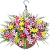 Artificial faux hanging plants flowers baskets with hyacinth boston fern uv resistant fake silk flowers planters for outdoor outside spring summer decoration perfect for porch patio yard decor  urban country home decor