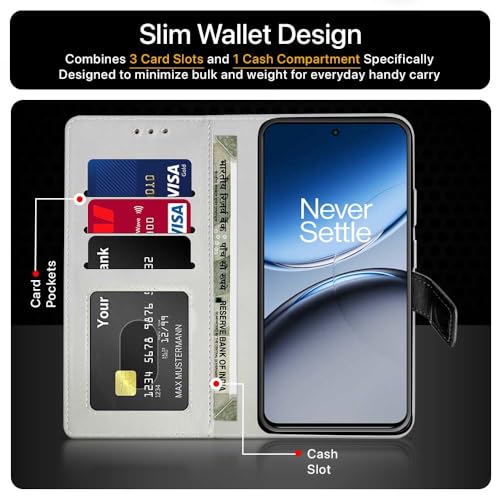 Image of FLIPPED Vegan Leather Flip Case Back Cover for 1+ OnePlus Nord 4 5G (Flexible, Shock Proof | Hand Stitched Leather Finish | Card Pockets Wallet & Stand | Black with Brown)