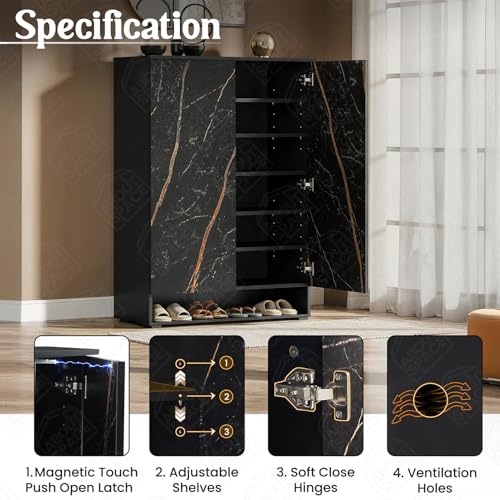 Image of ABOUT SPACE Shoe Cabinet - 7 Tier Shoe Rack with Door & Open Bottom Storage|Press Open 2 Door Engineered Wood Shoes Stand for Home | Adjustable Shelf Raised Legs 18-21 Pair | Black & Black Marble