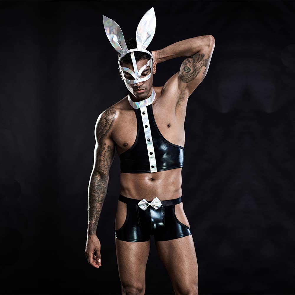 BaronHong Seksowny kostium męski Cosplay Bunny Boy PU Bielizna dla mężczyzn, do klubu nocnego, kelnera, mundur erotyczny hormonalny strój królika