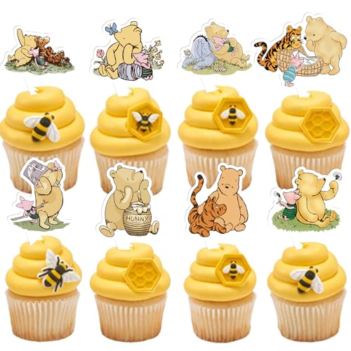 48Pcs Winnie Bear Cupcake Toppers, Classic Bear Themed Decorations for Baby Shower/Birthday 8 Designs