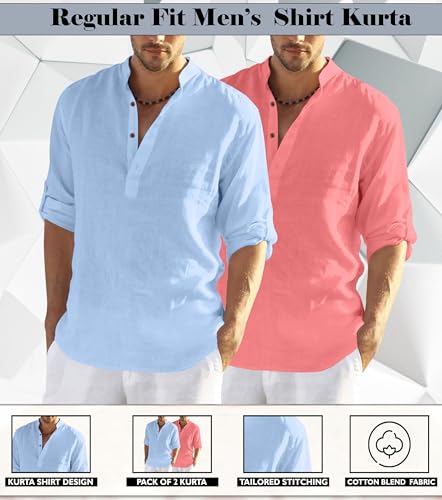 Image of Zombom Men's Combo Cotton Polyester Blend Solid Full Sleeve Straight Regular Fit Mandarin /Chinese Collor Kurta (Pack of 2)