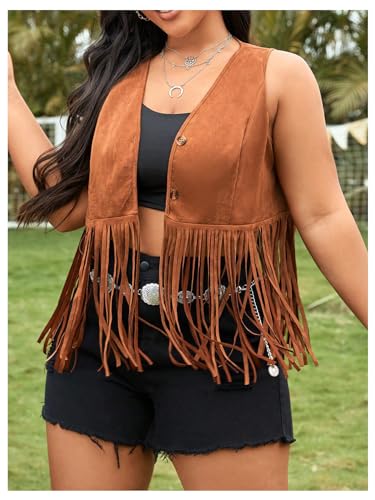 Women's Plus Size Fringe Trim Hem Jacket Sleeveless V Neck Button Front Vintage Jackets 70s Outfits4