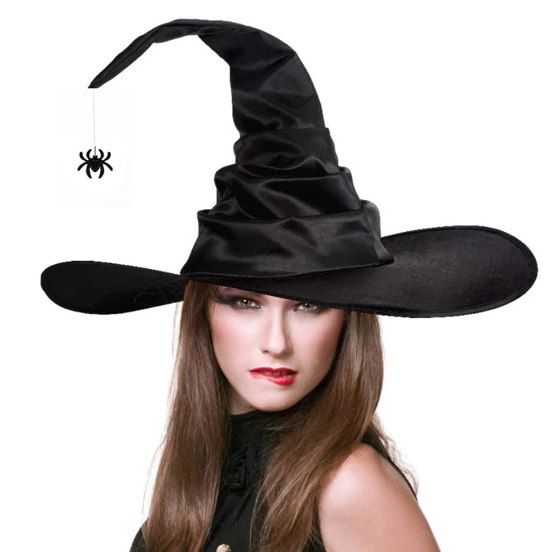 ITODA Halloween Ruched Witch Hats Wide Brim Pointed Wizard Hat Black Wicked Witches Hat Crooked Wizard Headwear Fancy Dress Party Witch Accessories for Halloween Carnival Cosplay Party - Image 3