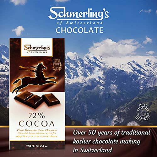 Schmerling's Dark Swiss Kosher Chocolate - 72% Cocoa - All Natural Chocolate - Vegan - Gluten Free - Paleo - Non Gmo - Non Dairy - Gourmet Parve Chocolate - Kosher Ou - 3.5Oz Each - Pack Of 5 #TOP5