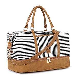 Gonex Canvas Duffel Weekender Bag with Shoe Compartment 42L Overnight Travel Tote Bag(Black Stripe)
