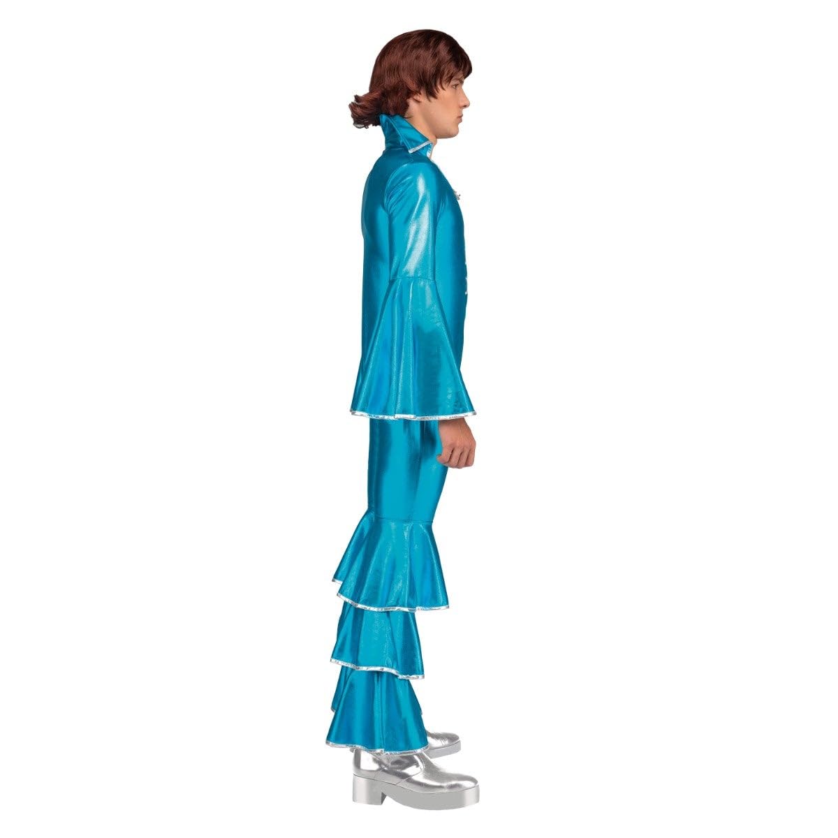 My Other Me - Disfraz Disco Hombre. Incluye mono azul brillante con mangas y pantalones acampanados decorados con volantes y ribetes y detalles en plateado. Brilla con estilo.