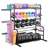 XL Adjustable Weight Rack for Dumbbells - Bonvork Barbell Holder Bumper Plate Storage Rack with 3 Olympic Bar Racks, Dumbbell Rack Weight Stand,Home Gym Storage Rack for kettlebells,Yoga Mat