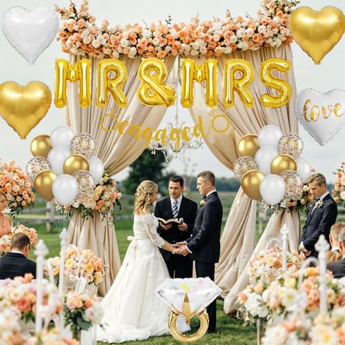 Image of Gold Engagement Party Decorations, MR and MRS Balloons Ring Foil Banner