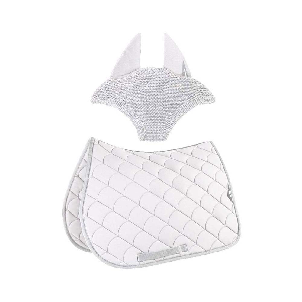 Equiline Set Sottosella e Cuffietta Abbinata per Monta Inglese, Cavallo, Salto Ostacoli, Dressage Vibe con trapuntatura Anti-Shock Traspirante (Bianco, Full, sottosella da Dressage)