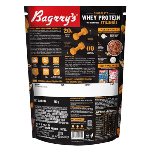 Image of Bagrry's Whey Protein Muesli 750g | 20g+ Protein | Chocolate Flavour | Whole Oats, Whey Protein, Californian Almonds & Bran | Breakfast Cereal | High Protein & Fibre | Premium American Whey Muesli