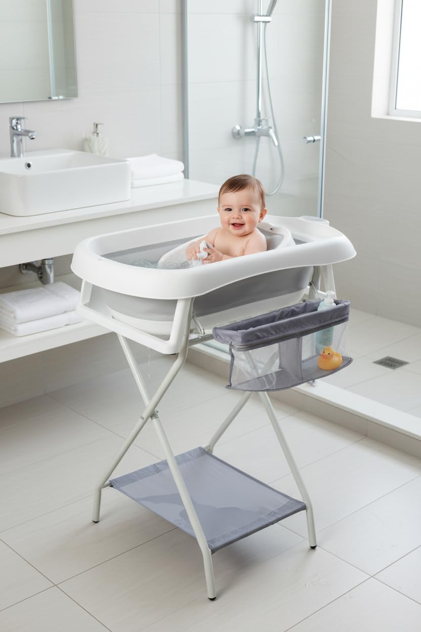 Vaschetta per il bagnetto con telaio 80 cm -Vaschetta per il bagnetto con supporto Sicura per il bambino(Grau mit Badewannenablage)