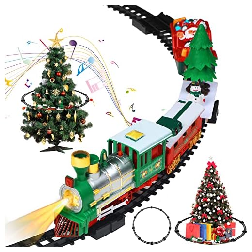 Sratte Christmas Electric Train Set Around The Christmas Tree, Train Toy Set with Track Locomotive Santa Claus Snowman Xmas Tree Music and Lights Christmas New Year Gifts for Boys Girls