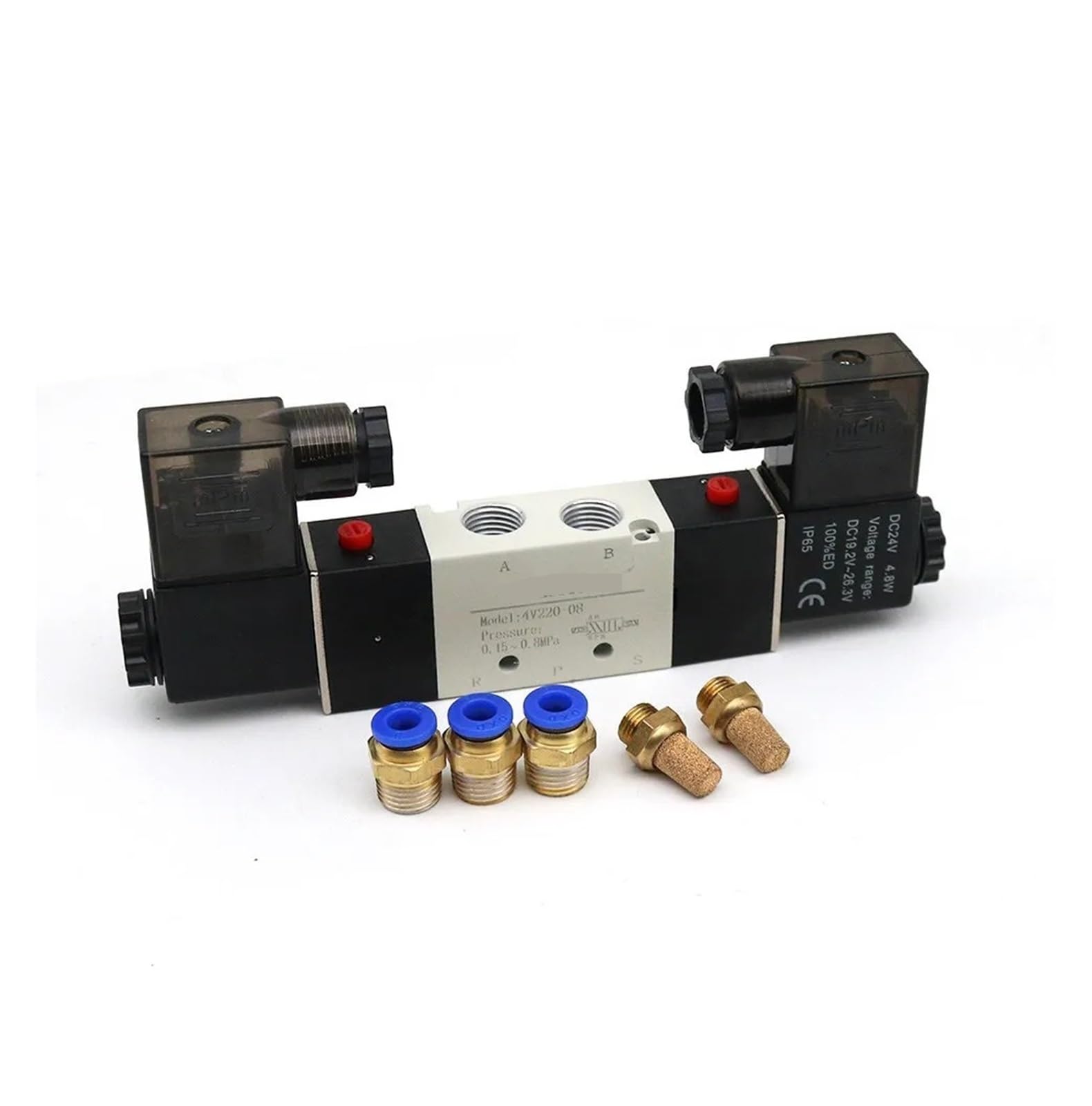 Magnetventil 220 V, pneumatisch, 4V220-08, Luft, 5 Wege, 2 Positionen, 1/4 Zoll Spule, Legierung intern, DC 12 V, elektrisch, DC 24 V, AC 110 V(AC 220V,With-10mm-Fitting)