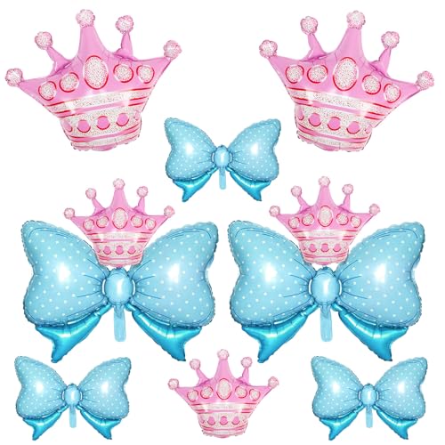 Image of 10pcs Pink Crown Balloons And Blue Bow Balloon, Light Blue Bows Balloons, Pink Large Crown Foil Balloon With Two Sizes For Birthday Baby Shower Theme Party Wedding Bridal Shower Decor
