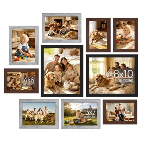 Image of upsimples Picture Frames Set of 10, Including 8x10, 5x7, 4x6 Rustic Frame | Black Brown Gray Multi Picture Frames Collage Wall Decor , Gallery Wall Frame Set, Gift For Christmas, Mothers' day, Wedding