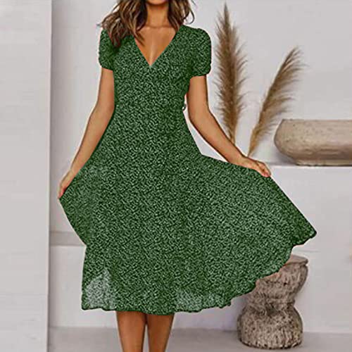 Women Casual Summer Dress V Neck Solid Color Polka Dot Print Dress Short Sleeve Lace Up Tie Dress Flowy Beach Dresses 11-Green,Medium #TOP3