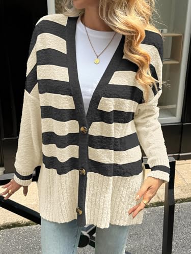 Saodimallsu Womens Oversized Striped Cardigan Sweaters V Neck Fuzzy Knit Button Up Side Slit Fall Sweater Coats2