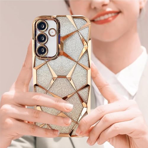 Image of VONZEE Gradient Glitter Case for Samsung M16, Luxury Electroplated 3D Cube, Diamond Bling Shiny Soft TPU Clear Shockproof Women Girls Protective Phone Cover (Gold)