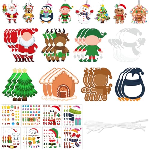 CHAOTEMAI Kit Lavoretti Creativi per Bambini Natale Include 24 Biglietti 24 Adesivi 24 Nastri Lavoretti Natale Bambini Addobbi Pupazzo di Neve Omino Pan di Zenzero per Corsi Artigianato Regali